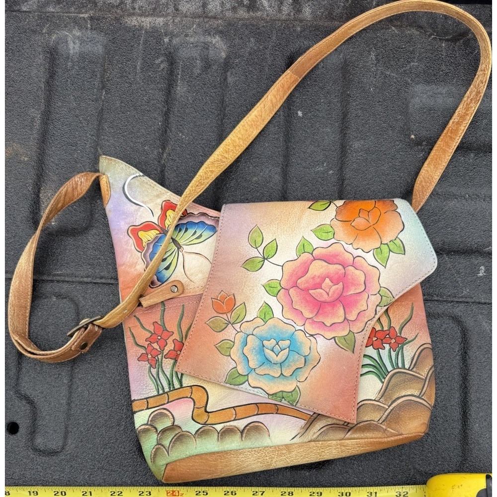 Anuschka Hand Painted Leather Crossbody Bag Floral Butterfly Medium‎ Purse